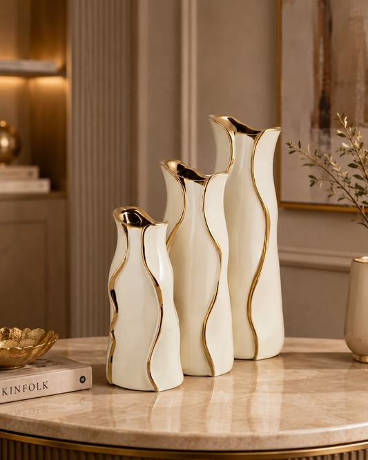 Ceramic Vase Minimalist Set of 3 – Gold-Trimmed Wave Design Decorative Vases