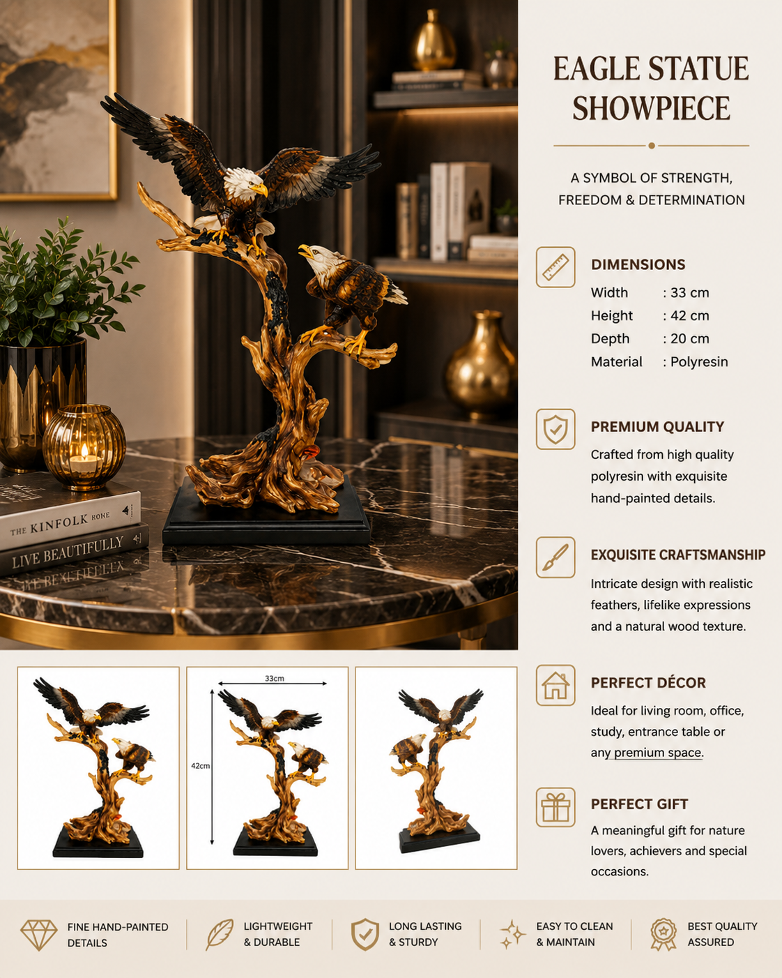 Eagle Statue Showpiece | Premium Hand-Painted Polyresin Eagle Figurine for Home & Office Décor
