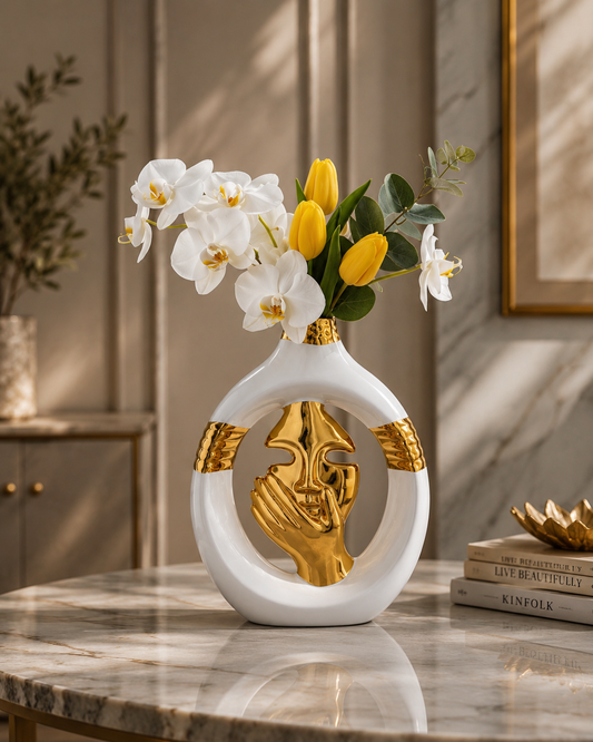 Face Flower White Ceramic Table Vase – Gold Abstract Face Design