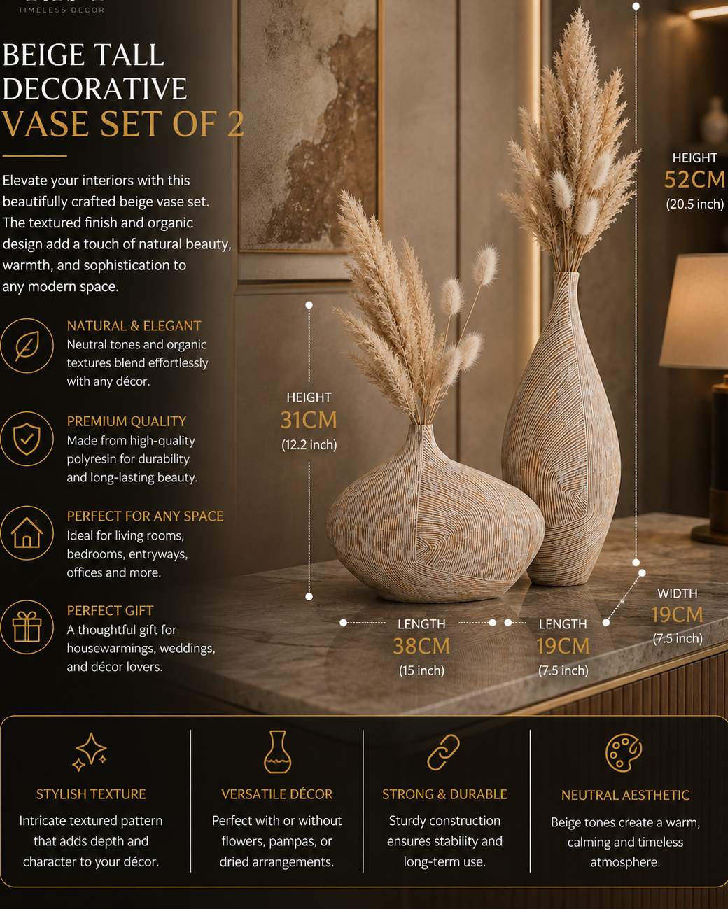 Beige Tall Textured Decorative Vase Set of 2