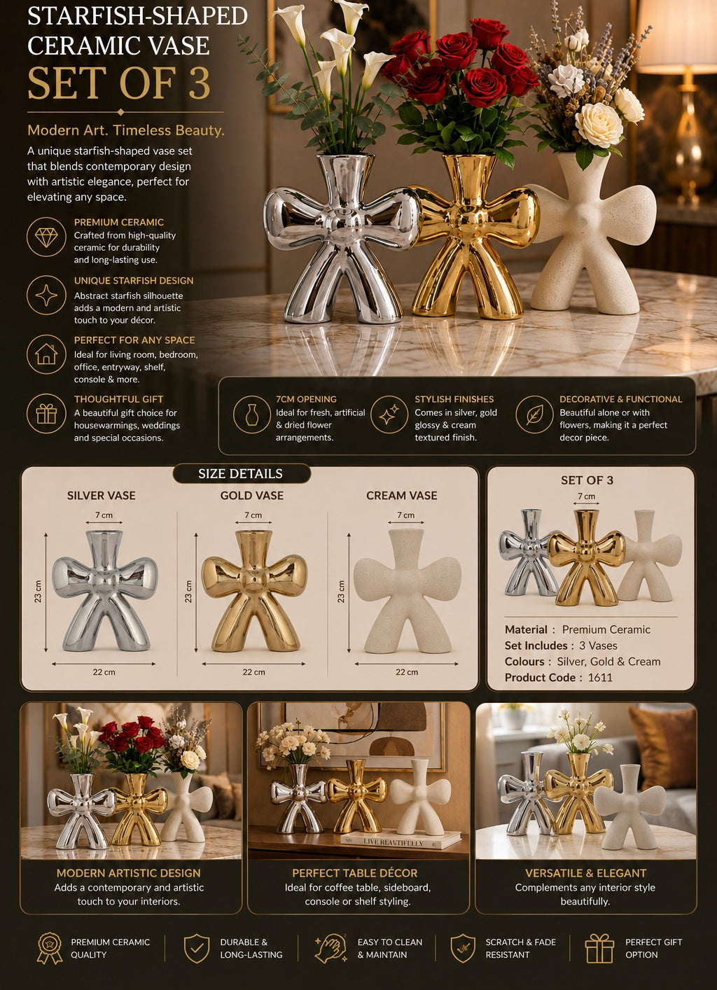 Starfish-Shaped Ceramic Vase Set of 3 – Silver, Gold & Cream