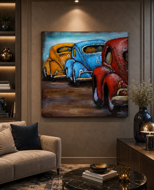 Vintage Car Trio 3D Metal Wall Art | Luxury Classic Automobile Wall Decor