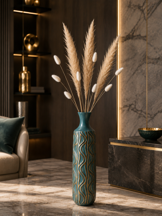 Gold-Accent Teal Ceramic-Style Polyresin Vase