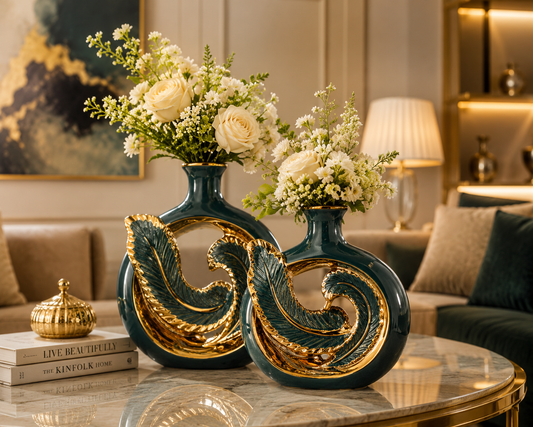 Teal Green & Gold Ceramic Table Vase Set of 2