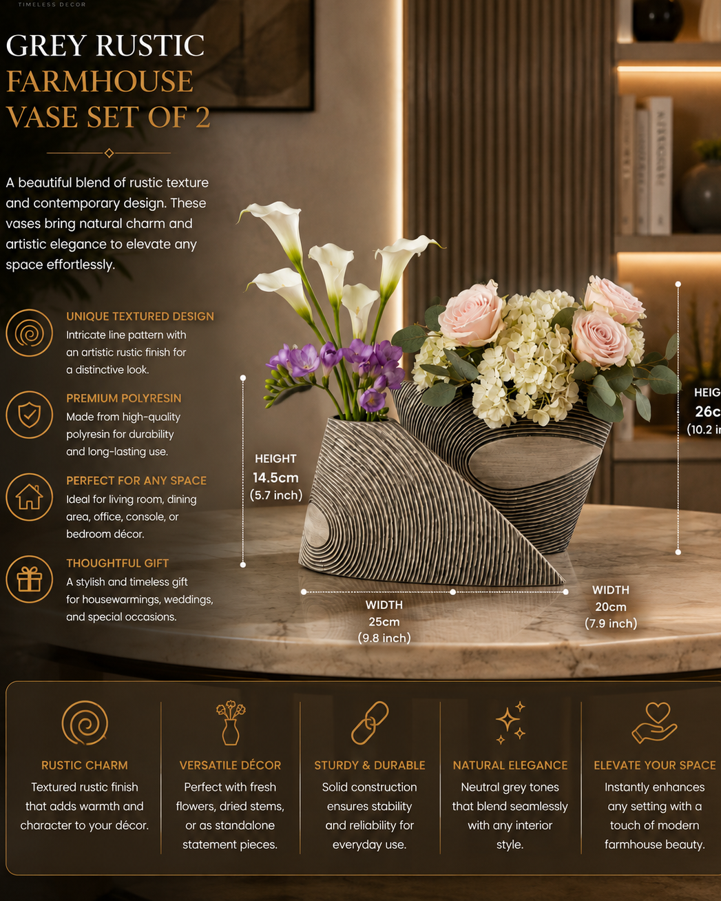 Grey Rustic Farmhouse Textured Polyresin Vase Set of 2