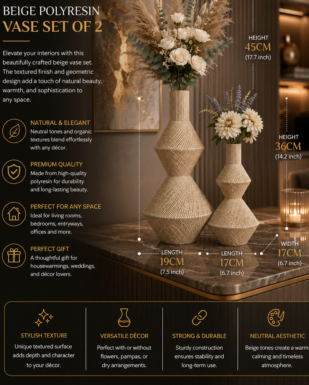 Beige Geometric Textured Polyresin Vase Set of 2