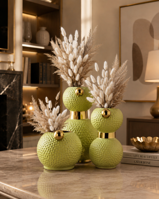 Ceramic Green & Gold Vase Set of 3 – Textured Luxury Decorative Vases