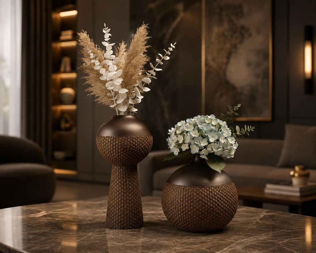 Brown Textured Polyresin Flower Vase Set of 2