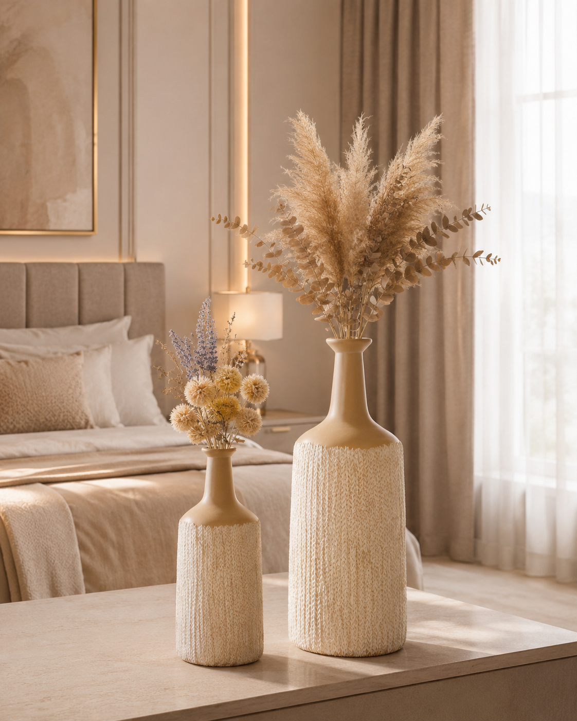 Beige Textured Polyresin Decorative Vase Set of 2 – Modern Luxury Home Décor