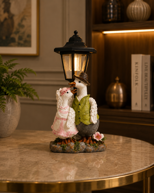 Duck Couple Solar Garden Light | Premium Polyresin Outdoor Garden Statue with Warm LED