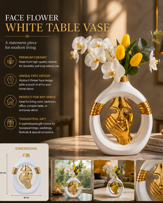Face Flower White Ceramic Table Vase – Gold Abstract Face Design