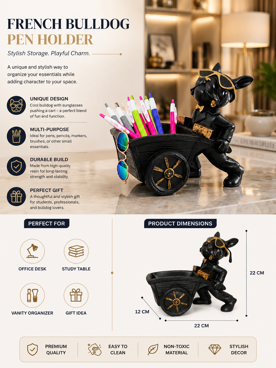 Luxury Black Bulldog Designer Pen Holder with Golden Accents | Premium Desk Decor & Organizer