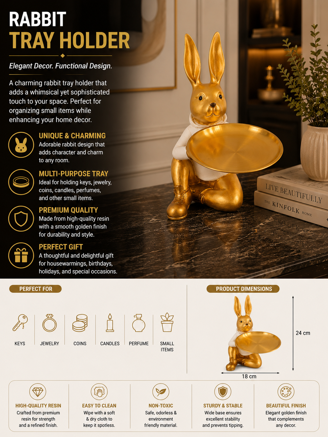 Luxury Golden Rabbit Tray Holder – Elegant Decorative Organizer for Home & Vanity