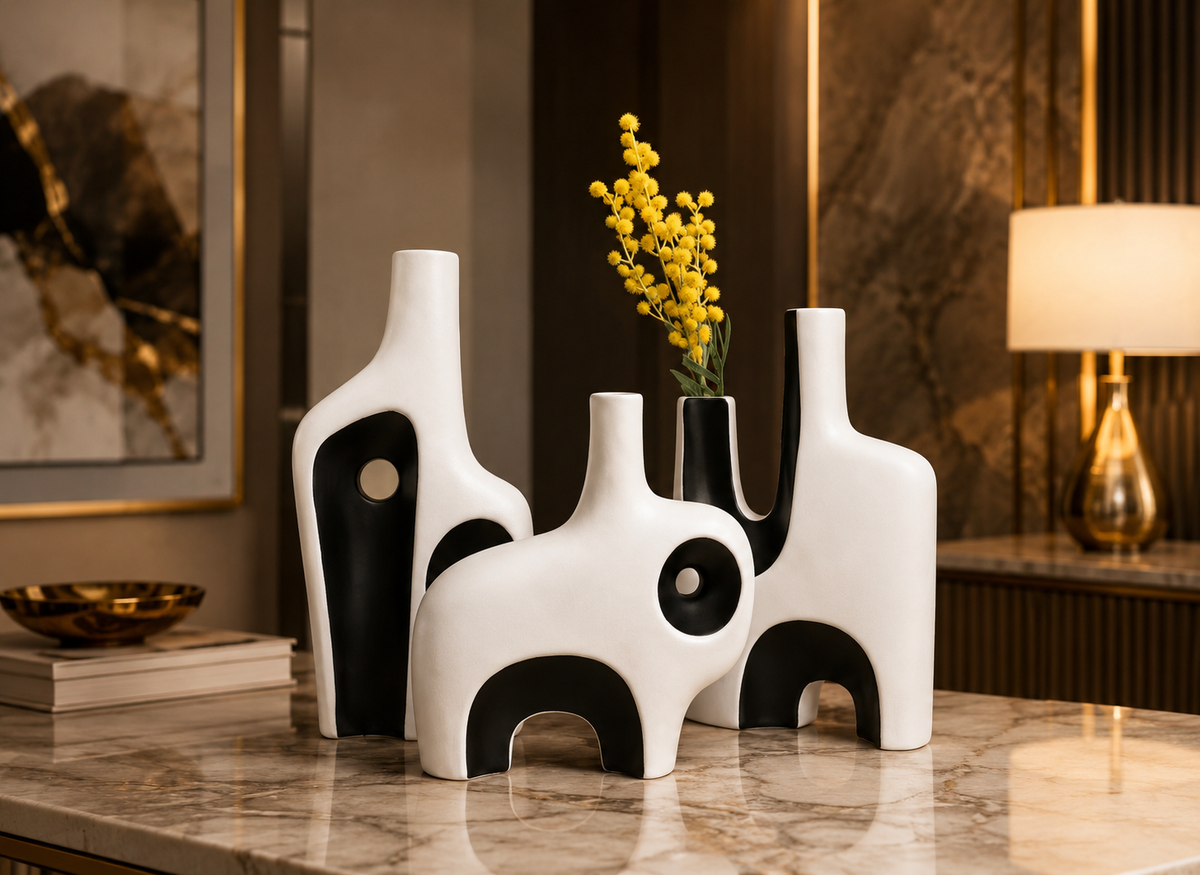 Modern Black & White Ceramic Vase Set of 3