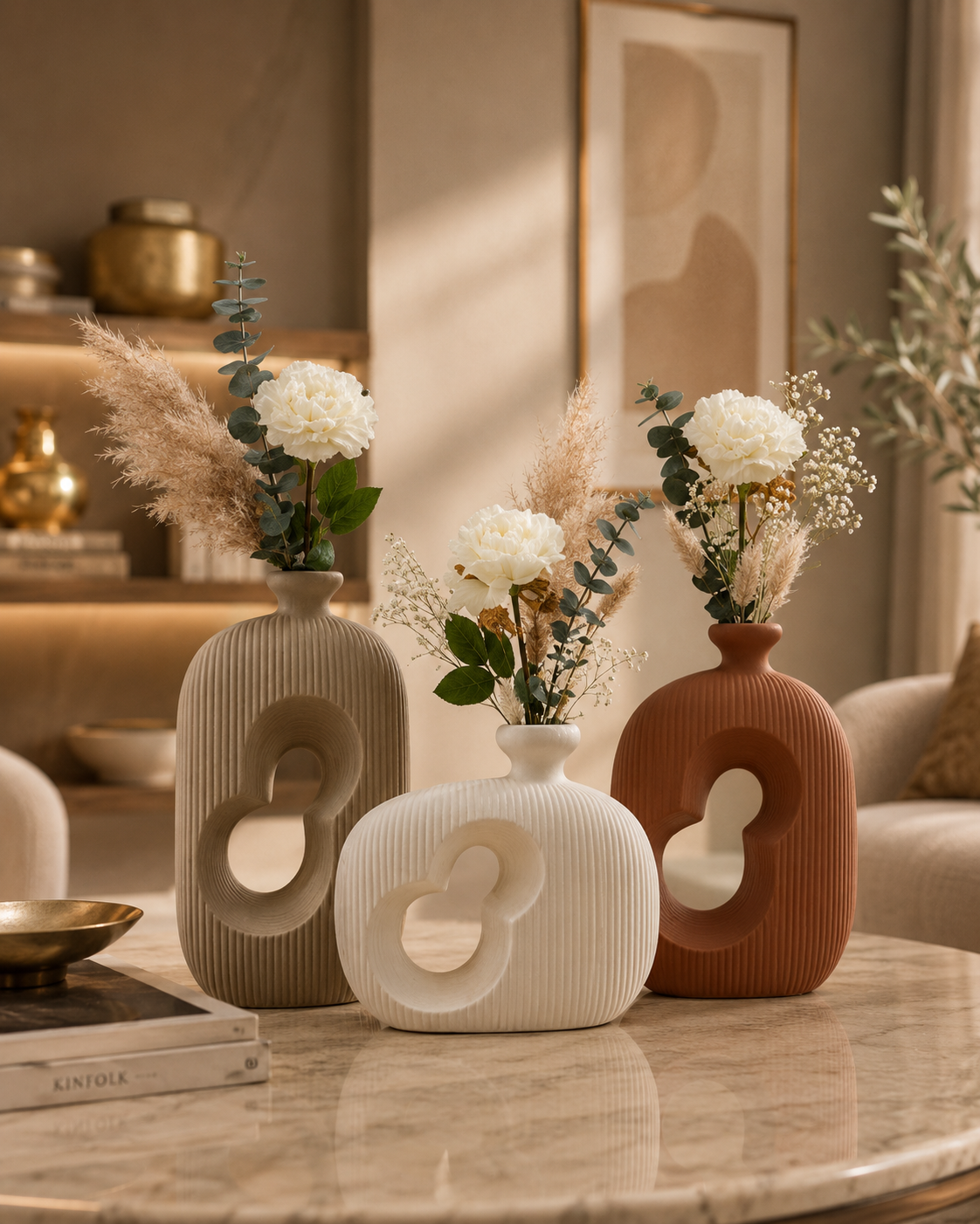 Ceramic Table Flower Vase Set of 3 – Sculpted Hollow Design Decorative Vases