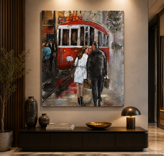 Old Tram Prague Street Wall Art | Romantic European Cityscape Canvas Decor