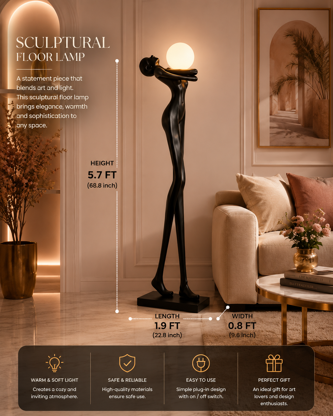 Sculptural Floor Lamp with Glowing Orb – Modern Artistic Statement Lamp