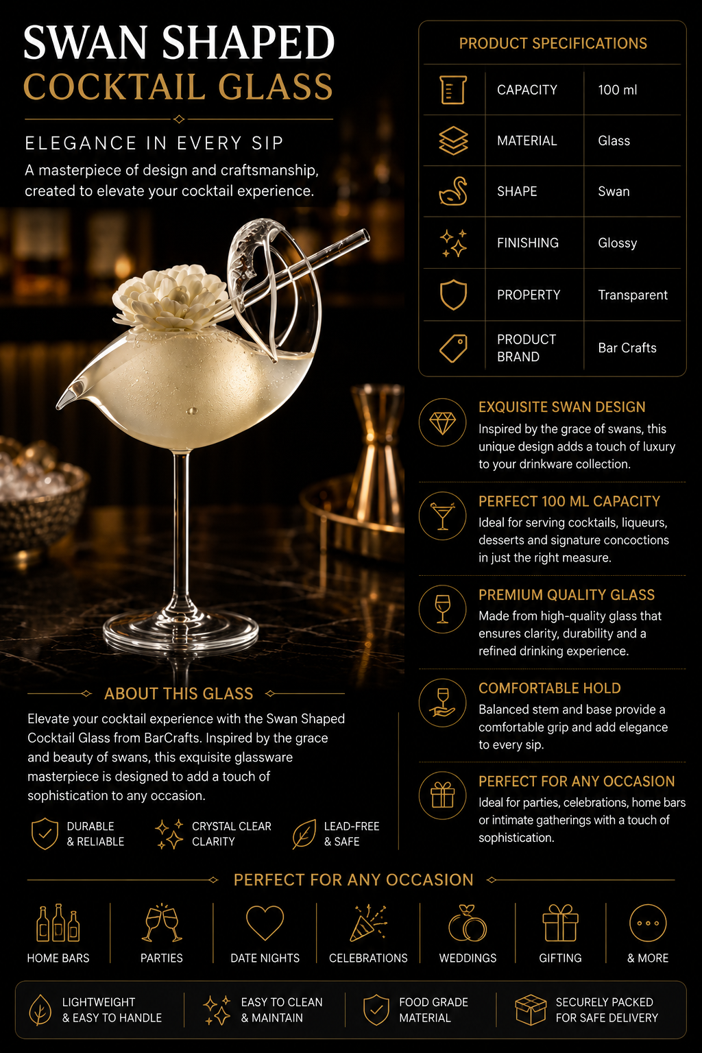 Luxury Swan-Shaped Cocktail Glass – Elegant Artistic Crystal-Style Barware, 100ml