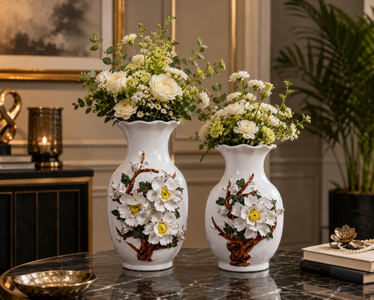 White Floral Ceramic Table Vase Decor Set of 2
