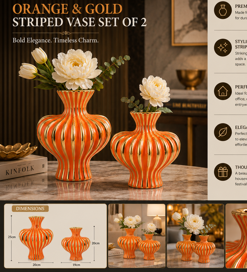 Orange & Gold Striped Ceramic Vase Set of 2 – Luxury Decorative Vases