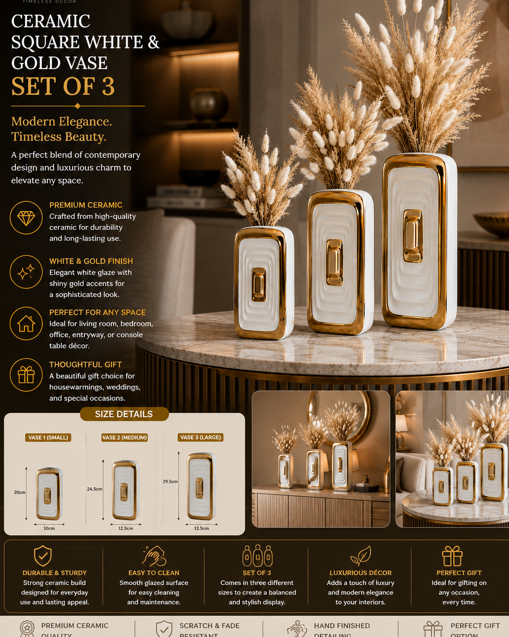 Ceramic Square White & Gold Vase Set of 3 – Modern Luxury Decorative Vases