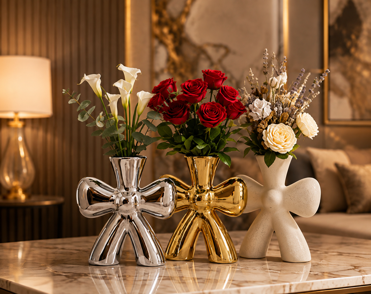Starfish-Shaped Ceramic Vase Set of 3 – Silver, Gold & Cream