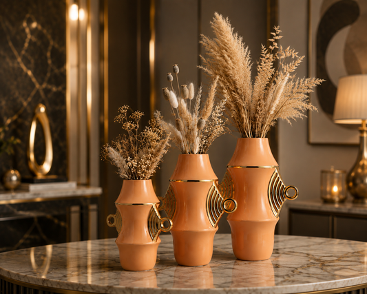 Ceramic Table Flower Vase Set of 3 with Gold Detailing