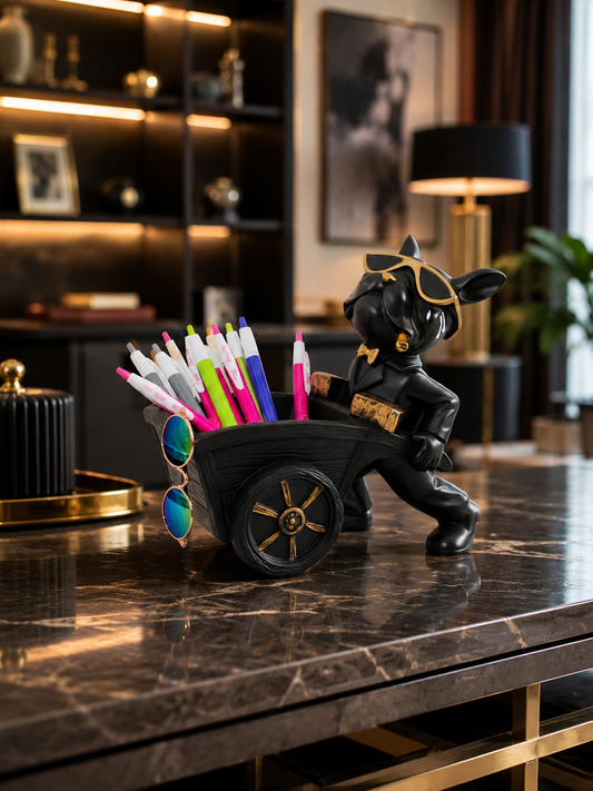 Luxury Black Bulldog Designer Pen Holder with Golden Accents | Premium Desk Decor & Organizer